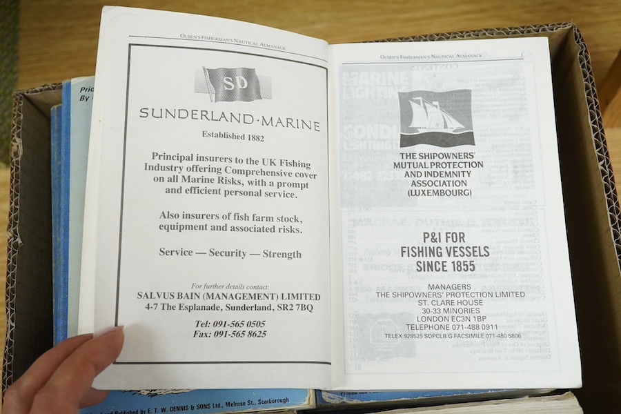 Olsen's Fisherman's Nautical Almanack ... 20 various vols. some with coloured and folded International Code of Signals, inshore charts, dock plans (etc.), num. illus. and other adverts.; original cloth backed pictorial p